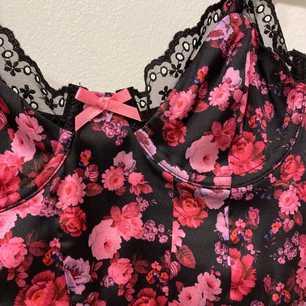 For Love & Lemons Black & Pink Floral Lace Bustier Cami Crop Top - Picture 4 of 5